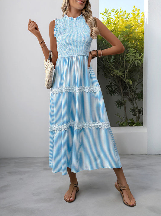 New Ruffled Round Neck Sleeveless Vest Striped Dress-Stellar