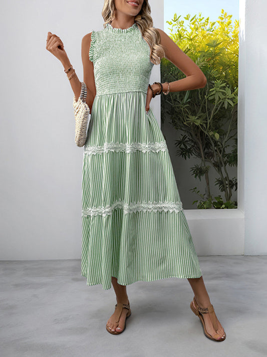 New Ruffled Round Neck Sleeveless Vest Striped Dress-Stellar