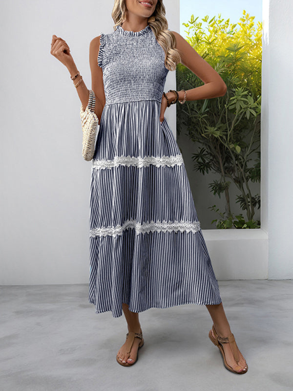 New Ruffled Round Neck Sleeveless Vest Striped Dress-Stellar