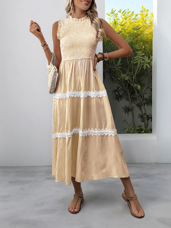 New Ruffled Round Neck Sleeveless Vest Striped Dress-Stellar