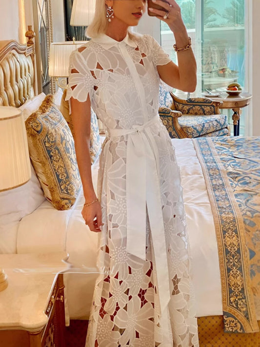 Casual Lace Cardigan Single Breasted Dress-Stellar
