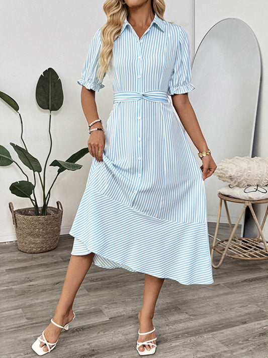 Shirt-style puff sleeve lapel striped dress-Stellar