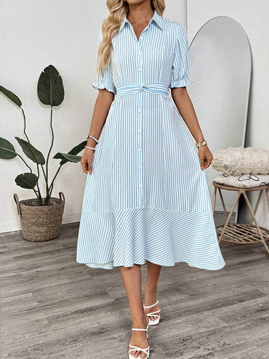 Shirt-style puff sleeve lapel striped dress-Stellar