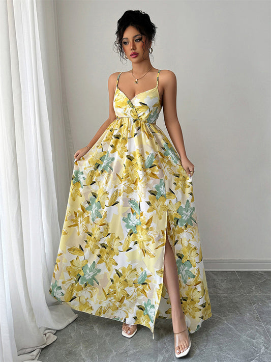 Fashionable and elegant suspender printed long yellow dress-Stellar