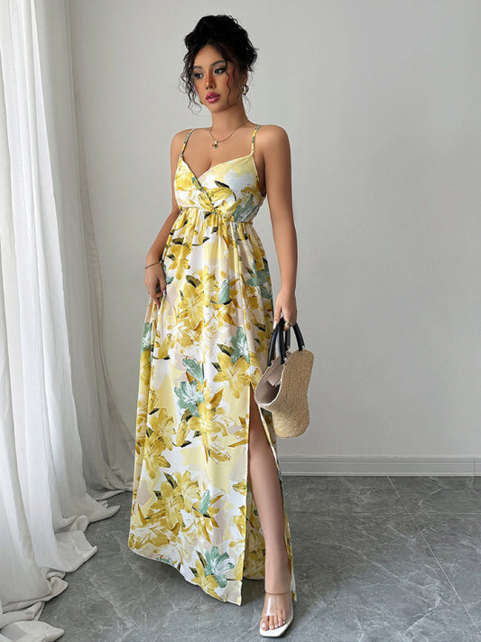 Fashionable and elegant suspender printed long yellow dress-Stellar