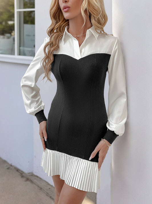 New contrast color stitching hip skirt fake two-piece dress-Stellar