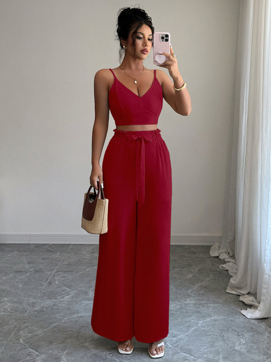 Burgundy suspender vest wide-leg pants two-piece  set for Women