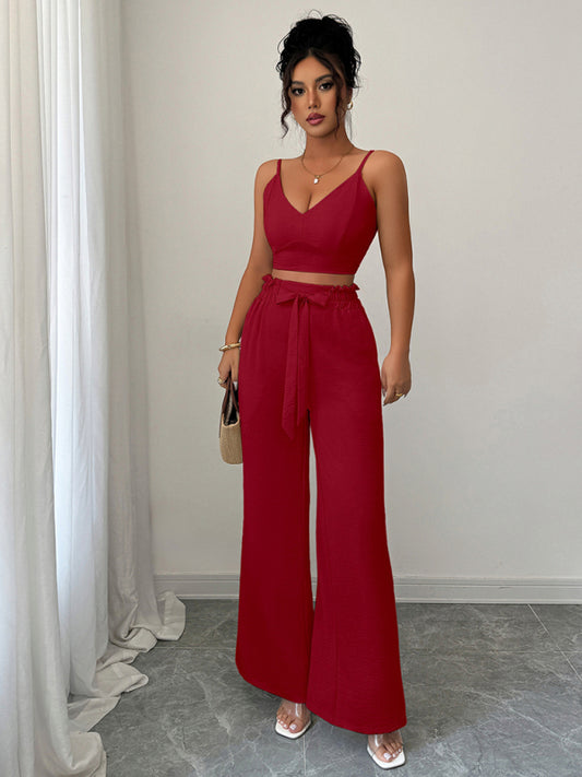 Burgundy suspender vest wide-leg pants two-piece  set for Women