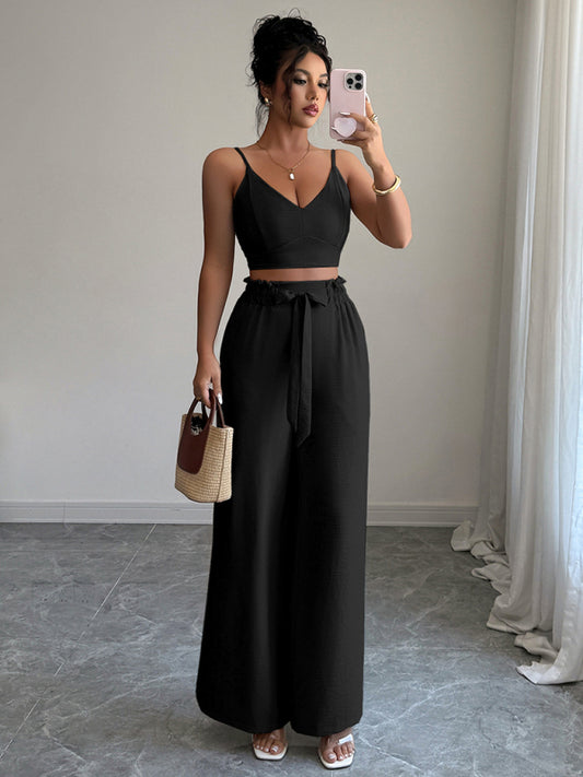 Black suspender vest wide-leg pants two-piece set for Women