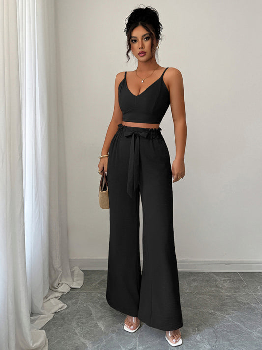 Black suspender vest wide-leg pants two-piece set for Women