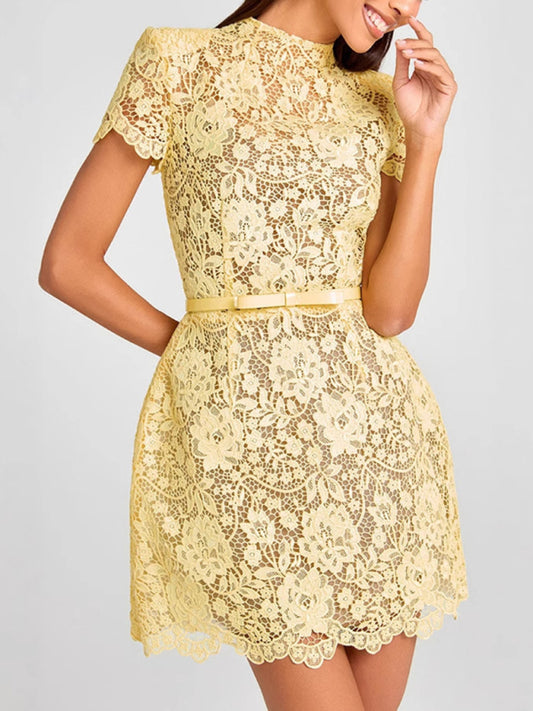 Sexy See-Through Lace Yellow Round Neck Miniskirt Dress-Stellar