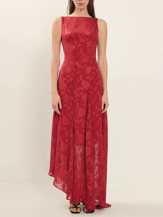 Lace backless slim fit jacquard red irregular dress-Stellar