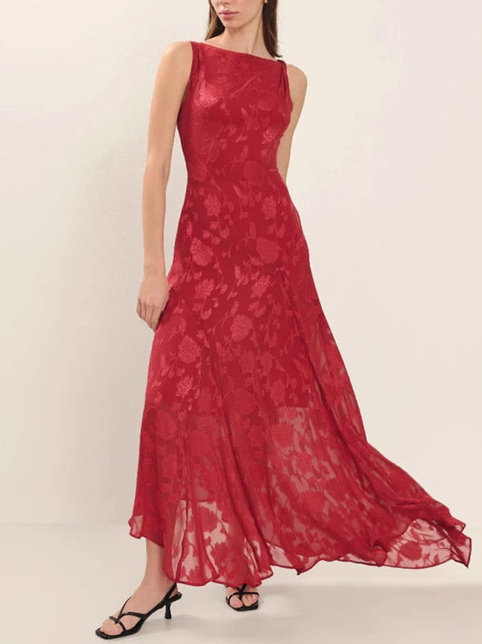 Lace backless slim fit jacquard red irregular dress-Stellar