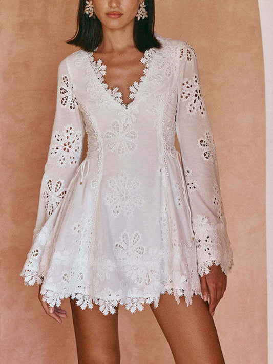 Long Sleeve Lace V-Neck Slim Fit Short Dress-Stellar