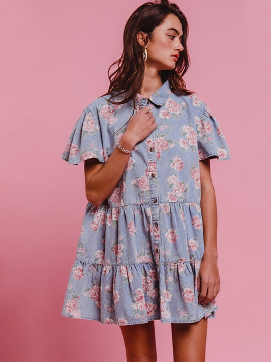 Light blue floral print denim A-line lapel shirt dress-Stellar