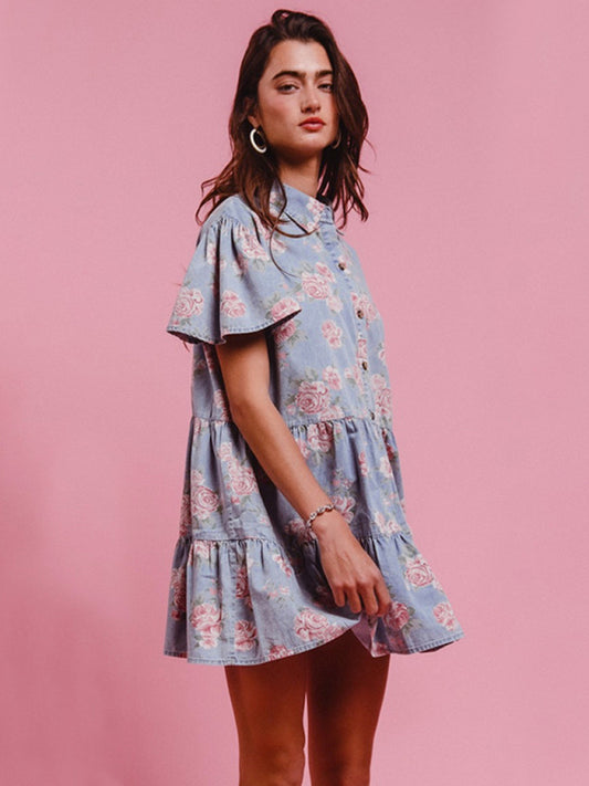 Light blue floral print denim A-line lapel shirt dress-Stellar