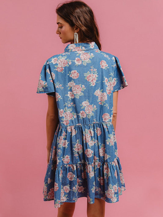 Blue Floral Print Denim A-Line Lapel Shirt Dress-Stellar