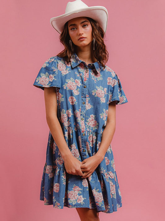 Blue Floral Print Denim A-Line Lapel Shirt Dress-Stellar