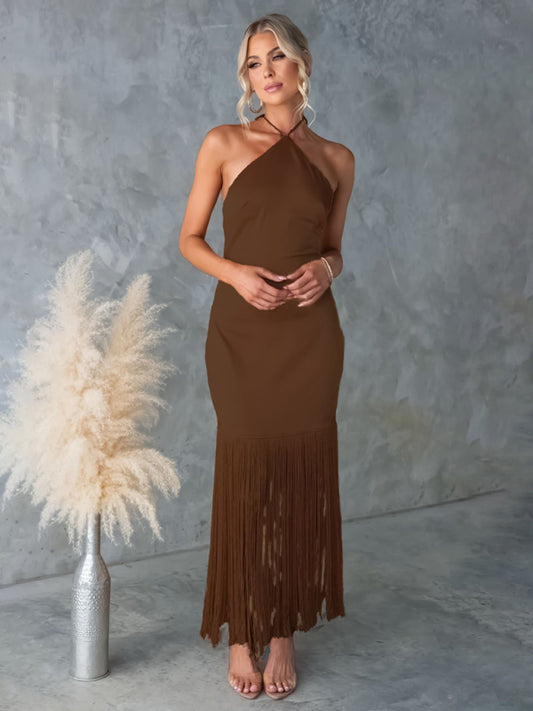 Solid Color Off-the-shoulder Tassel Bodycon Dress-Stellar