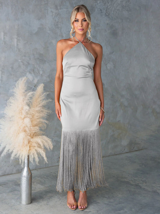 Solid Color Off-the-shoulder Tassel Bodycon Dress-Stellar