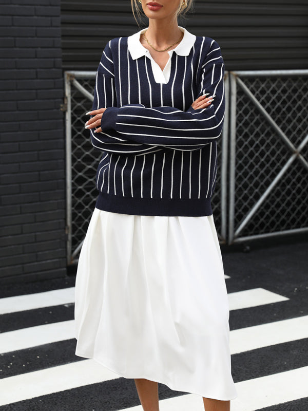 Casual Street Fashion Style Lapel Striped Sweater for Women