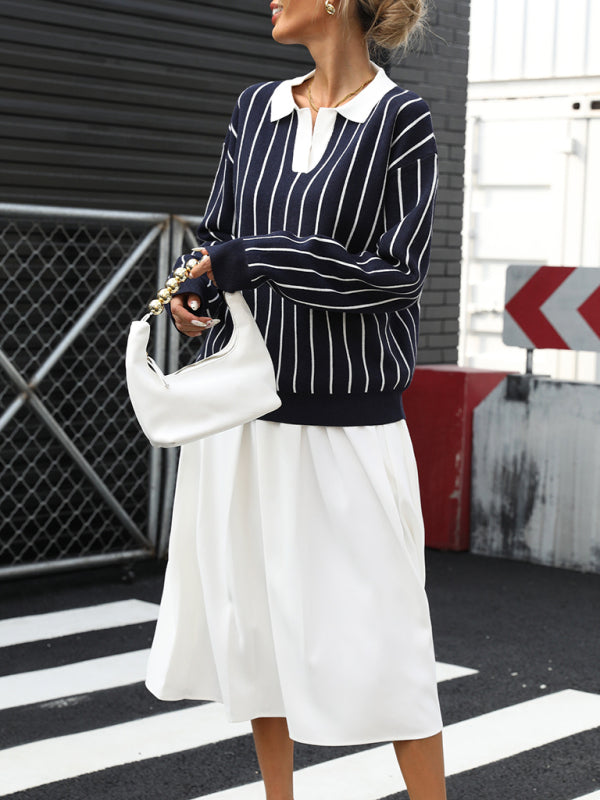 Casual Street Fashion Style Lapel Striped Sweater for Women