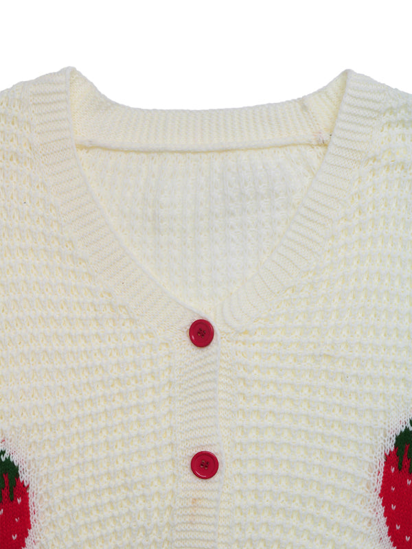 Casual Cardigan Strawberry Jacquard Knitted Sweater