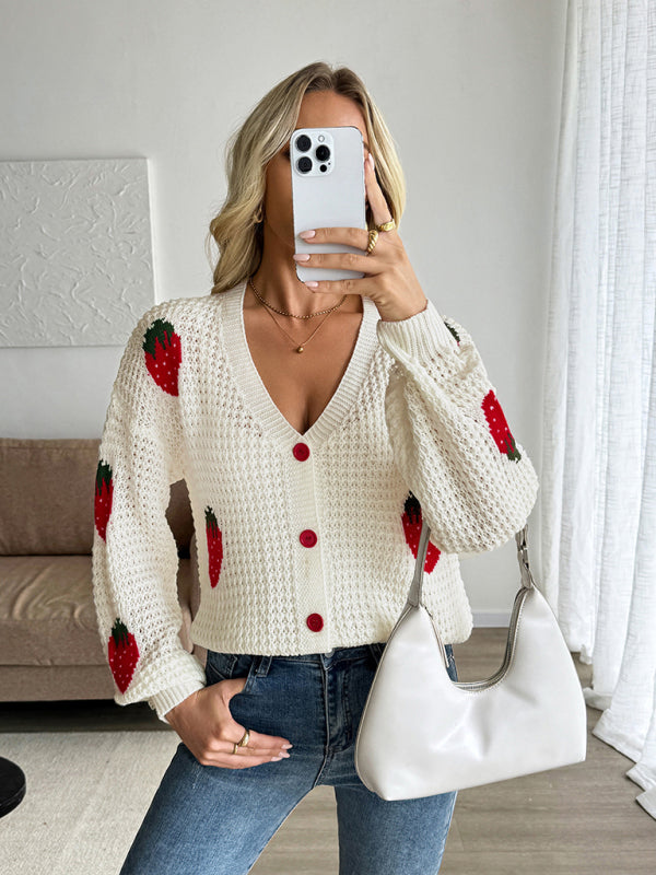 Casual Cardigan Strawberry Jacquard Knitted Sweater