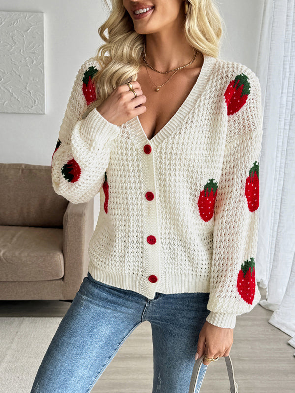 Casual Cardigan Strawberry Jacquard Knitted Sweater