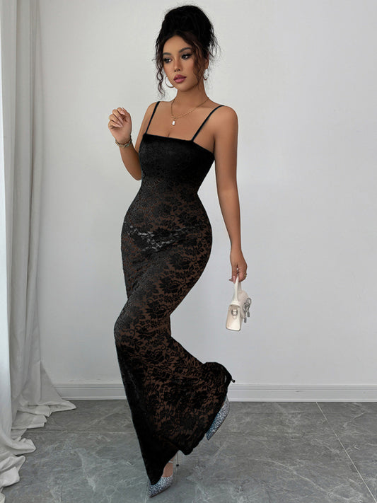 Black suspender hollow dress