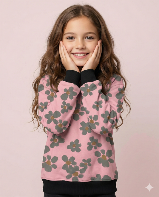 Rose Pink Flower Print Kids Sweatshirt