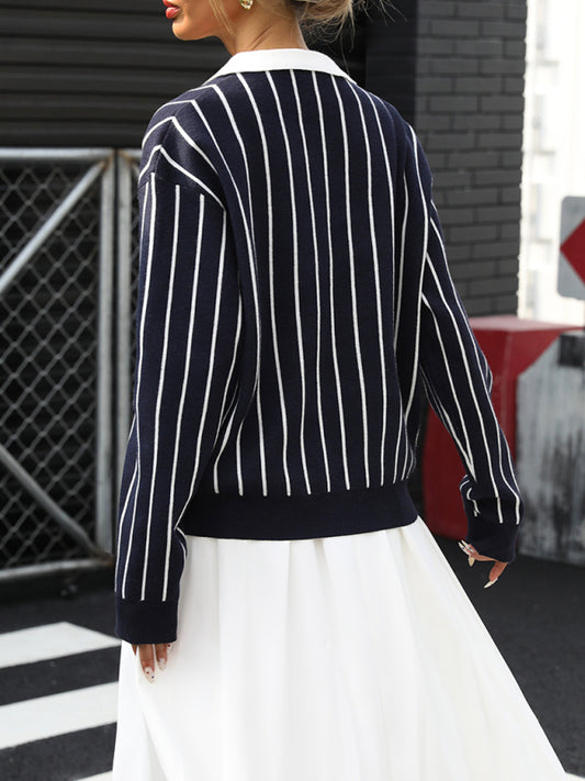 Casual Street Fashion Style Lapel Striped Sweater for Women